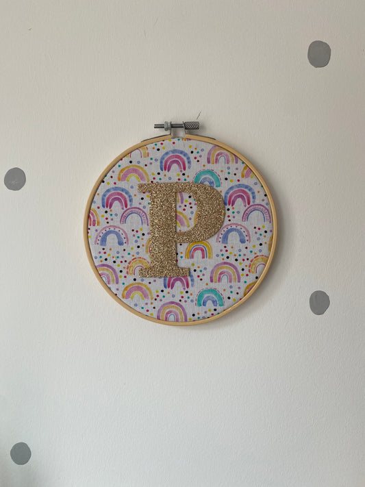 Rainbow Fabric and Gold Glitter Letter Hoop