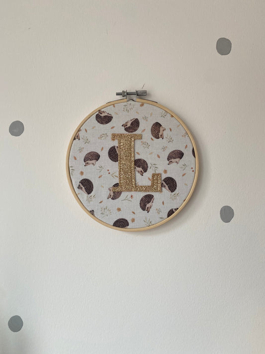 Hedgehog Fabric and Gold Glitter Letter Hoop