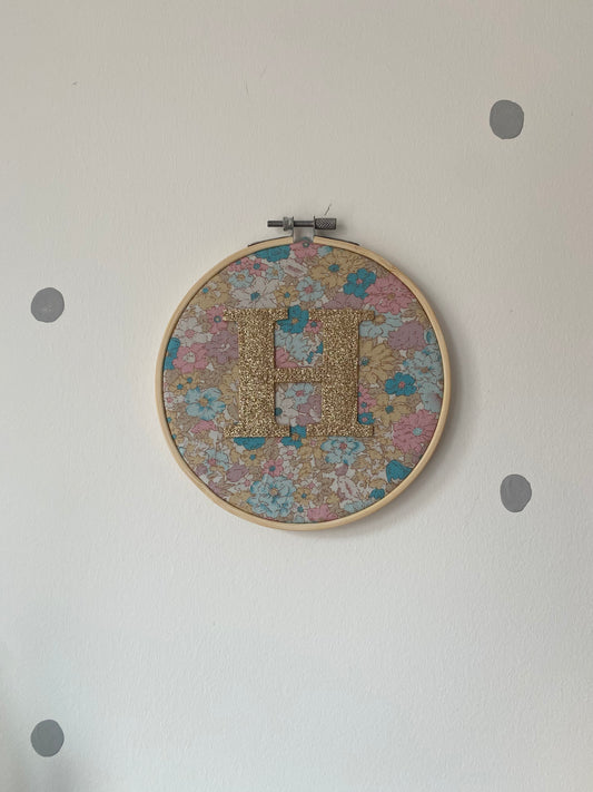 Floral Fabric and Gold Glitter Letter Hoop